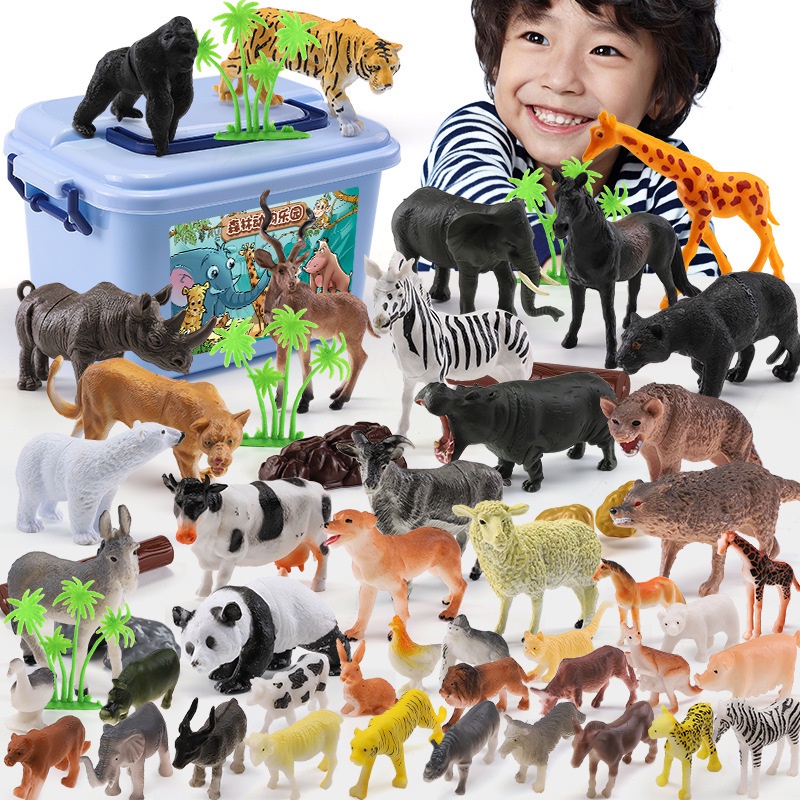 Đồ chơi mô hình con vật cho bé khám phá thế giới, bộ thế giới động vật và cây cối có hộp đựng