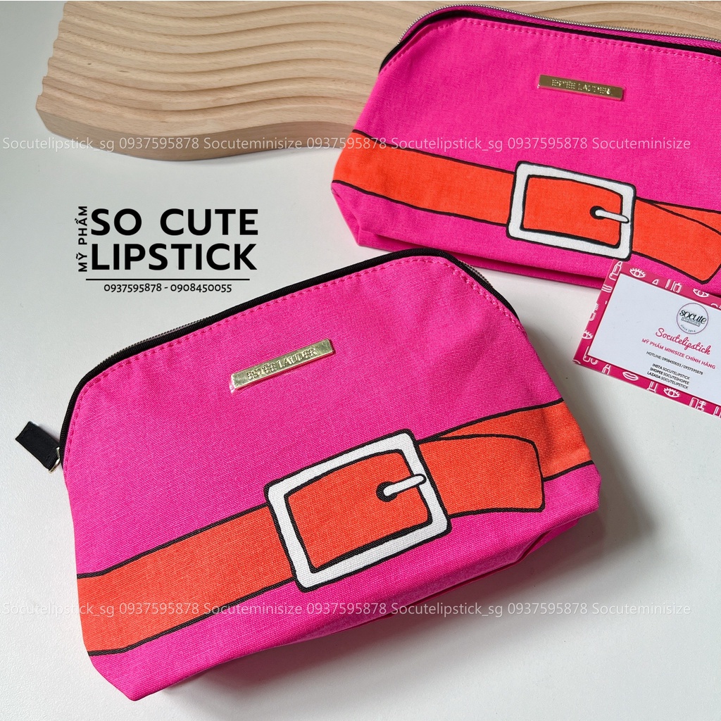 Túi Đựng Mỹ Phẩm Estee Lauder Hồng + Cam Họa Tiết Dây Thắt Lưng