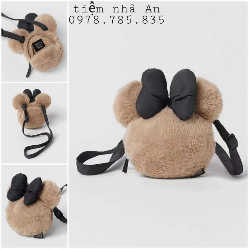 Túi xách balo túi đeo chéo mickey nâu xịn cho bé  chất lông mềm mịn có quai điều chỉnh size