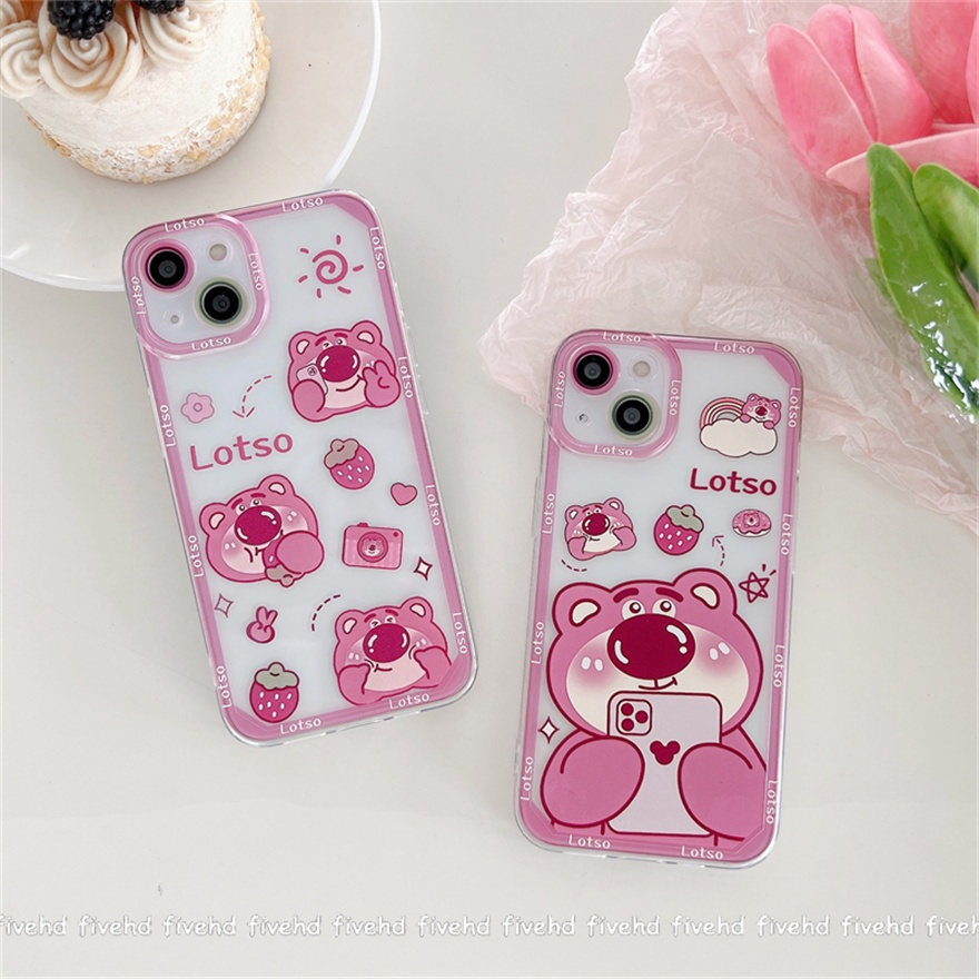 Compatible For iPhone 13 12 11 Pro Max SE2020 X XR Xs Max 7 8 Plus Phone Case Cartoon Strawberry Bear Soft Silicone Clear TPU Back Cover