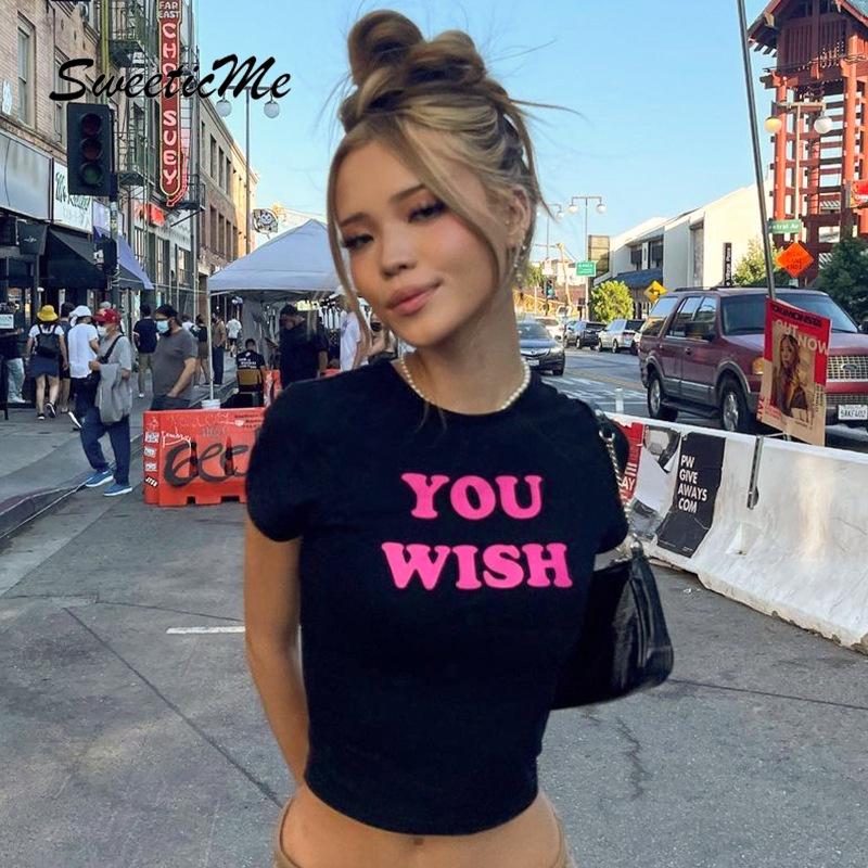 Áo Thun Cổ Tròn Tay Ngắn Hở Rốn In Chữ Sweeticme Dành Cho Nữ