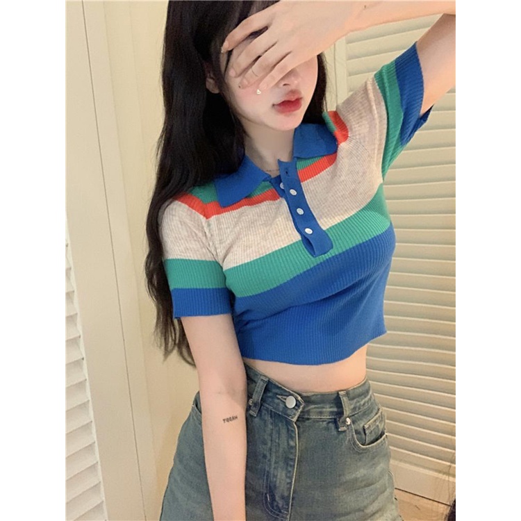 Cocory vn Áo Croptop Dệt Kim Tay Ngắn Cổ Polo Họa Tiết Kẻ Sọc Thời Trang Quyến Rũ Cho Nữ