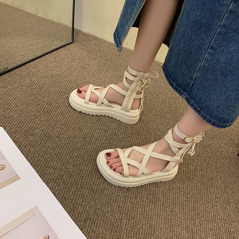 Sandal Đế Dày Thiết Kế Dây Đan Chéo Phong Cách La Mã Thời Trang Mới Cho Nữ