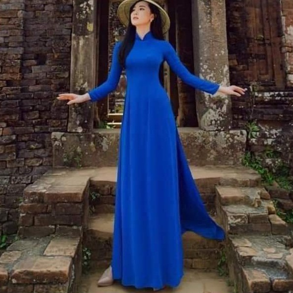 Áo dài xanh coban may sẵn Áo dài truyền thống lụa Mỹ cô ban cao cấp