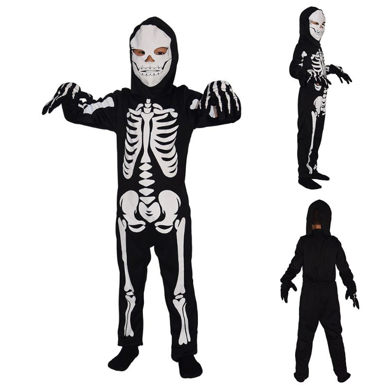 Áo liền quần in hình hộp sọ/xương cho trẻ em chủ đề kinh dị Halloween kèm phụ kiện