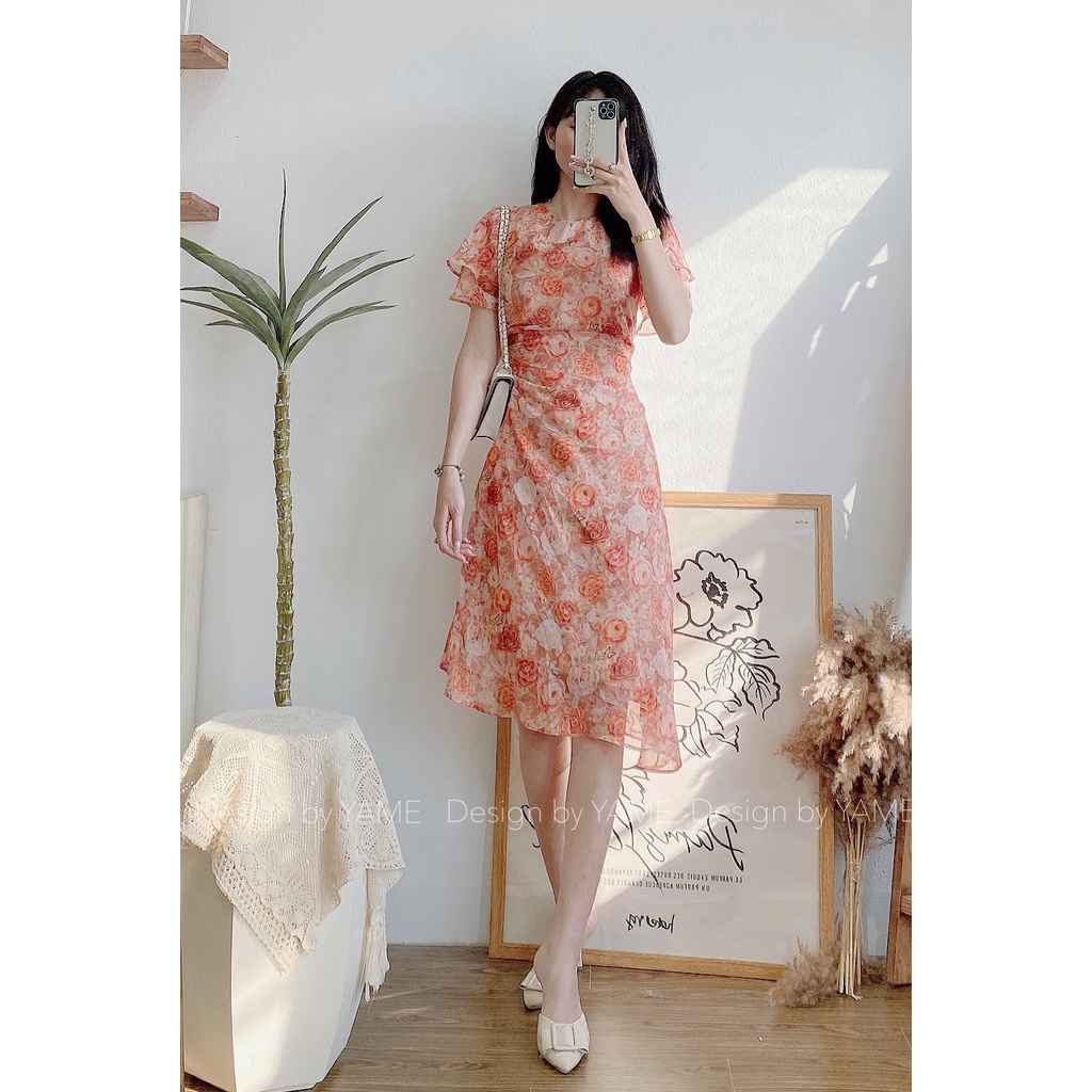 NHIỀU MẪU Váy đầm hoa ngắn tay dáng dài cổ tròn đính nơ cách điệu eo Lucie YAME màu vàng, trắng kem | BigBuy360 - bigbuy360.vn