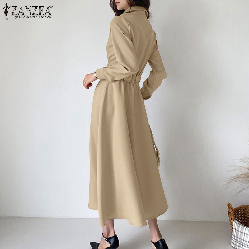 Đầm maxi Zanzea thời trang nữ dài tay eo cao co giãn xếp ly phong cách hàn quốc