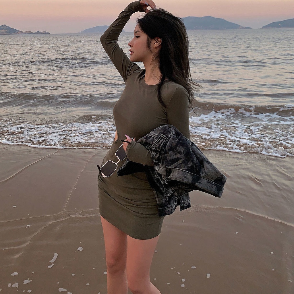 COZOK Đầm tay dài dáng ôm thời trang quyến rũ cho nữ