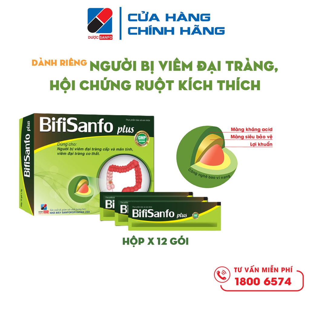 Men vi sinh Bifisanfo Plus hỗ trợ điều trị viêm đại tràng, hội chứng ruột kích thích hiêu quả hộp 12 gói