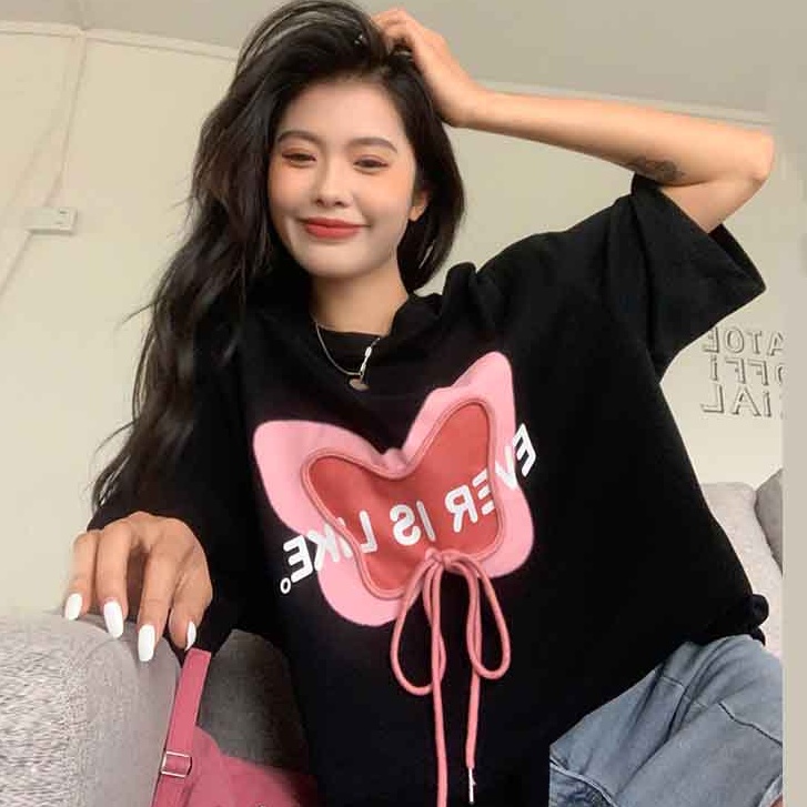 Áo Thun Tay Ngắn Dáng Rộng Cột Nơ In Họa Tiết Xinh Xắn Phong Cách Hàn Quốc Thời Trang Cho Nữ