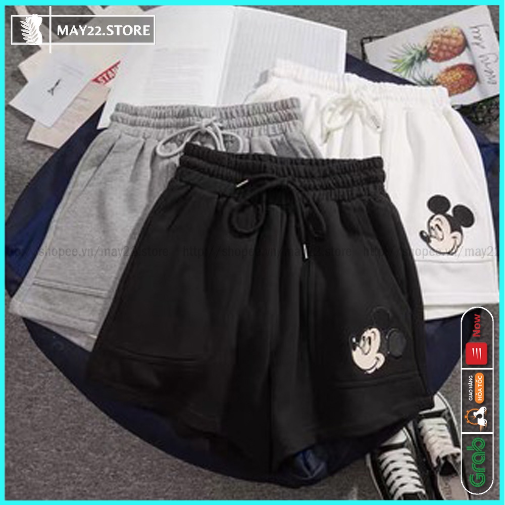 Quần đùi nữ form rộng vải da cá có dây rút, túi in hình miky, quần đùi/short nữ - May22 | BigBuy360 - bigbuy360.vn