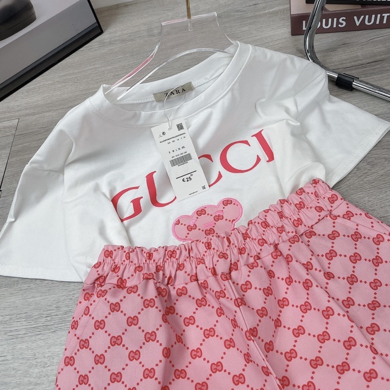 Set áo cotton thêu gấu và quần sooc đùi kaki Bộ đùi mặc ở nhà Bộ ngủ