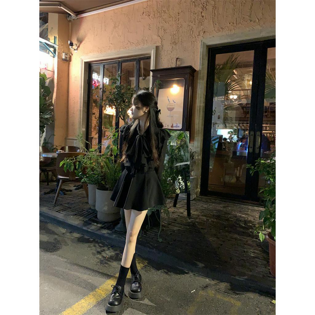 Set áo sơ mi tơ đen kèm nơ phối chân váy xòe đẹp hàng VN308