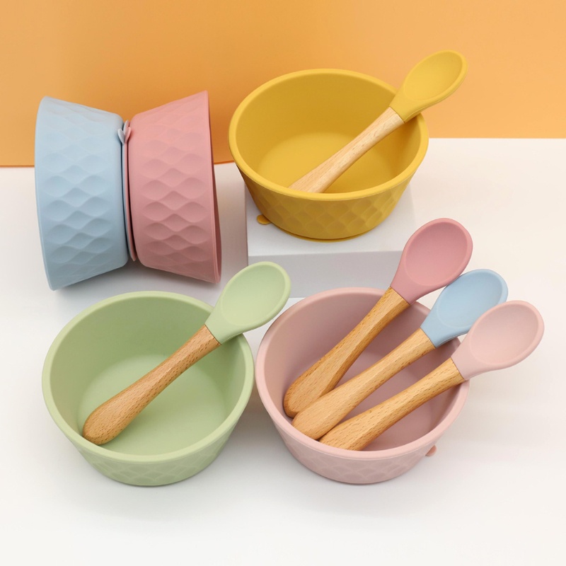 ℜ-ℜ  3 Pcs Baby Food Grade BPA-Free Silicone Suction Feeding Bowl Spoon Fork Dish Set
