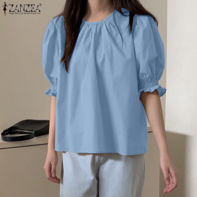 ZANZEA Áo Kiểu Tay Phồng Cổ Tròn Màu Trơn Đơn Giản Phong Cách Hàn Quốc Cho Nữ