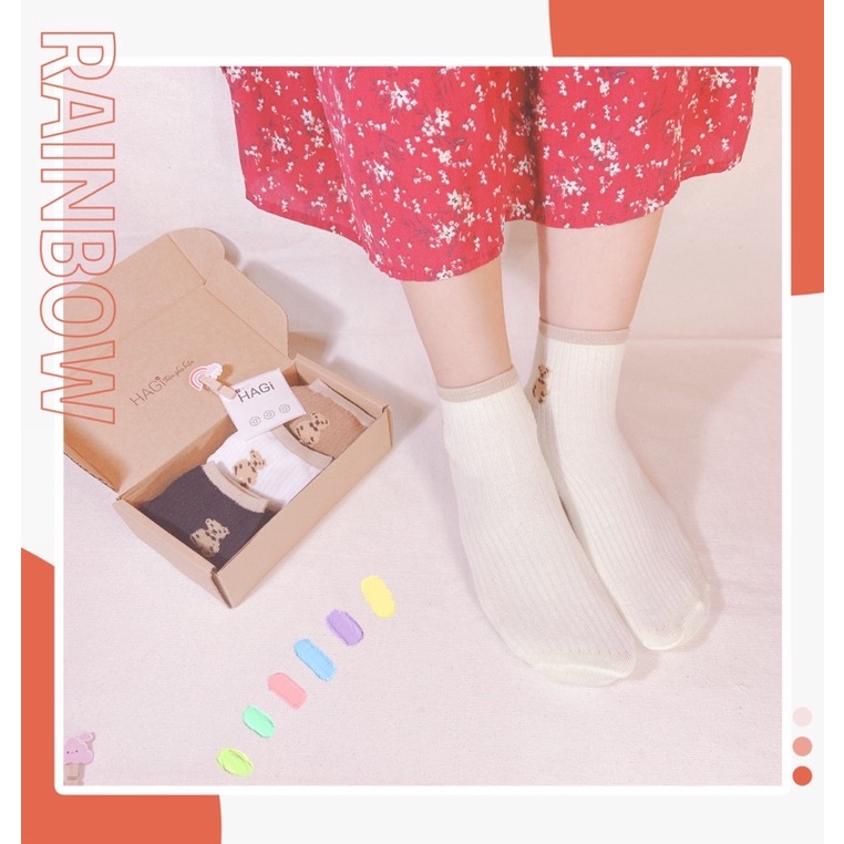 Set 3 Đôi Tất nữ Vintage Gấu teddy Phối màu Dễ thương Phong cách Hàn quốc Học sinh Sinh Viên