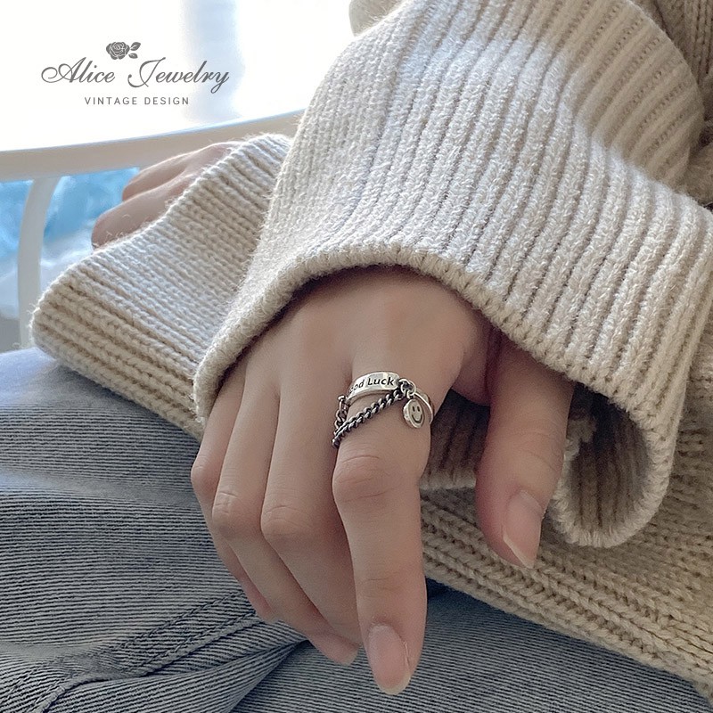 Nhẫn phối mặt hình mặt cười phong cách Hip hop cá tính