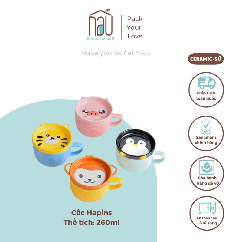 Cốc sứ hình khỉ, heo, chim cánh cụt, hổ xinh xắn làm cốc cho bé, dùng uống nước văn phòng nắp đa năng tiện dụng