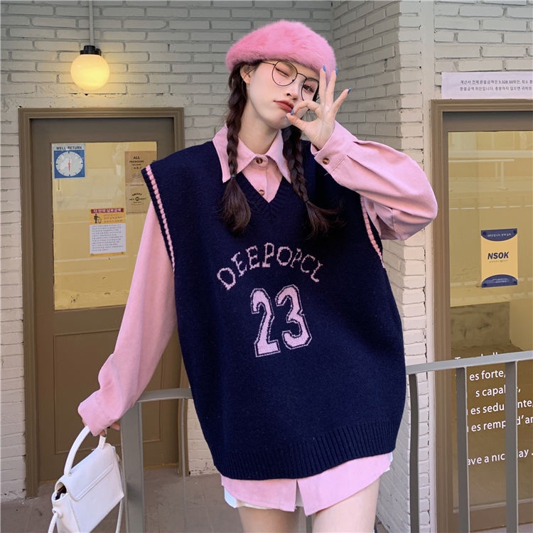 Set áo sơ mi tay dài cổ chữ v số 23 + áo len không tay dáng rộng cho nữ có bán lẻ