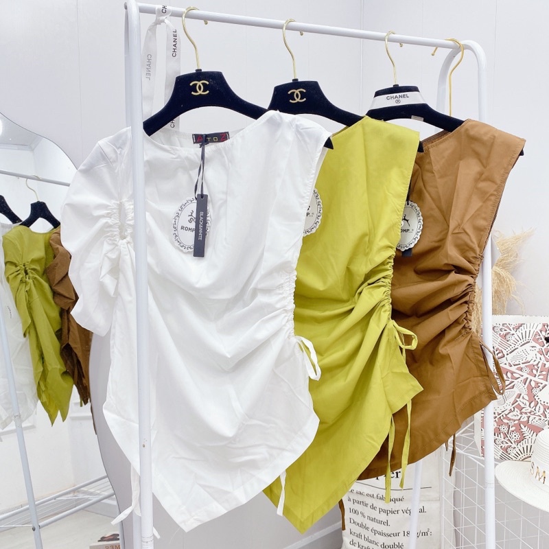 Áo kiểu nhún eo lệch vạt Áo sơ mi chất thô nến tiểu thư sang chảnh