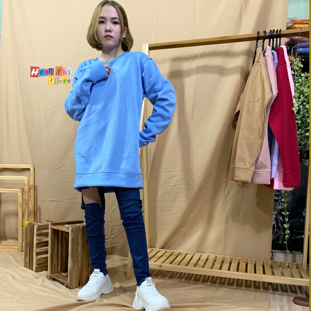 Áo Sweater Trơn Ulzzang Unisex Màu Xanh Chất Nỉ Bông Cao Cấp Dáng Rộng Nam Nữ - MM