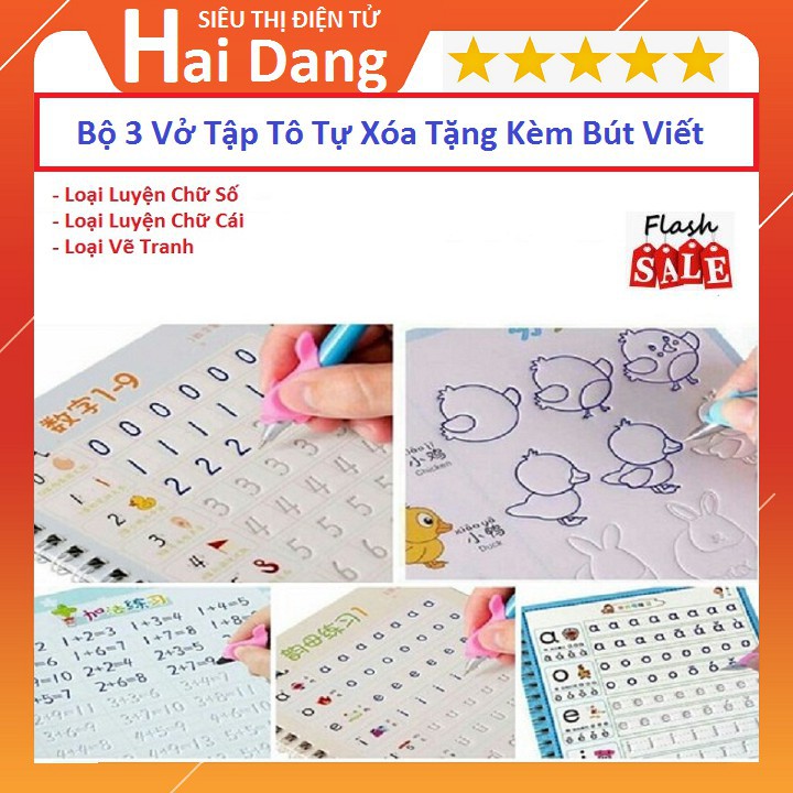 Sét 3 vở tập tô tự xóa thông minh tặng kèm bút, Combo 3 vở luyện viết chữ số nét cơ bản đẹp thần kỳ