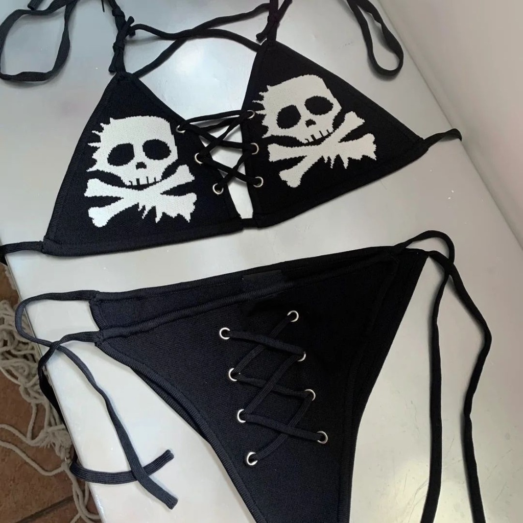 Bộ Đồ Bơi Bikini Buộc Dây In Hình Đầu Lâu Phong Cách Gothic Quyến Rũ Cho Nữ