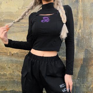 Áo Croptop tay dài hoạ tiết hình rồng thiết kế khoét quyến rũ