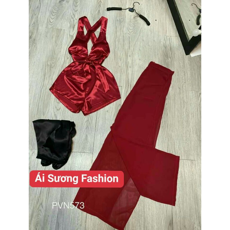Set Bodysuit Hai Dây Cúp Ngực Chéo Lưng Kèm Quần Suông Xẻ Tà Hai Bên cực gợi cảm