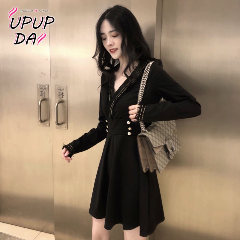 Đầm Đen Dáng Chữ A Lưng Cao Cổ Chữ v Phong Cách Retro Hàn Quốc
