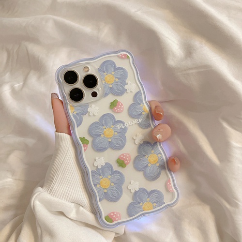 Ốp Điện Thoại Trong Suốt Thiết Kế Gợn Sóng In Hoa/ Dâu Tây Xanh Dương Cho iphone 13 12 11 pro max x xr xs max7 8 plus