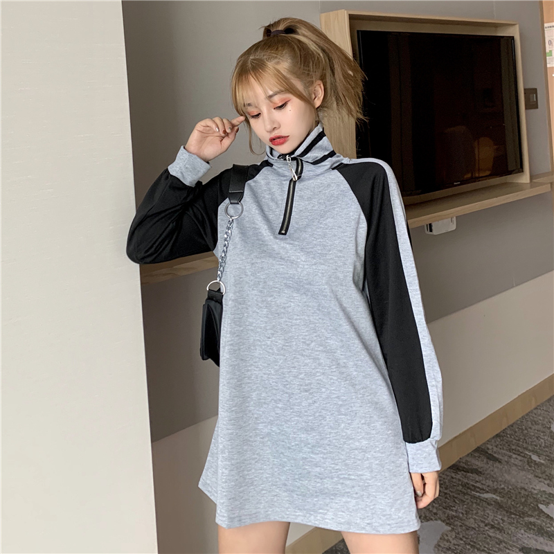 Áo kiểu SUXI cổ cao dáng dài phối khoá kéo thiết kế dáng rộng thoải mái