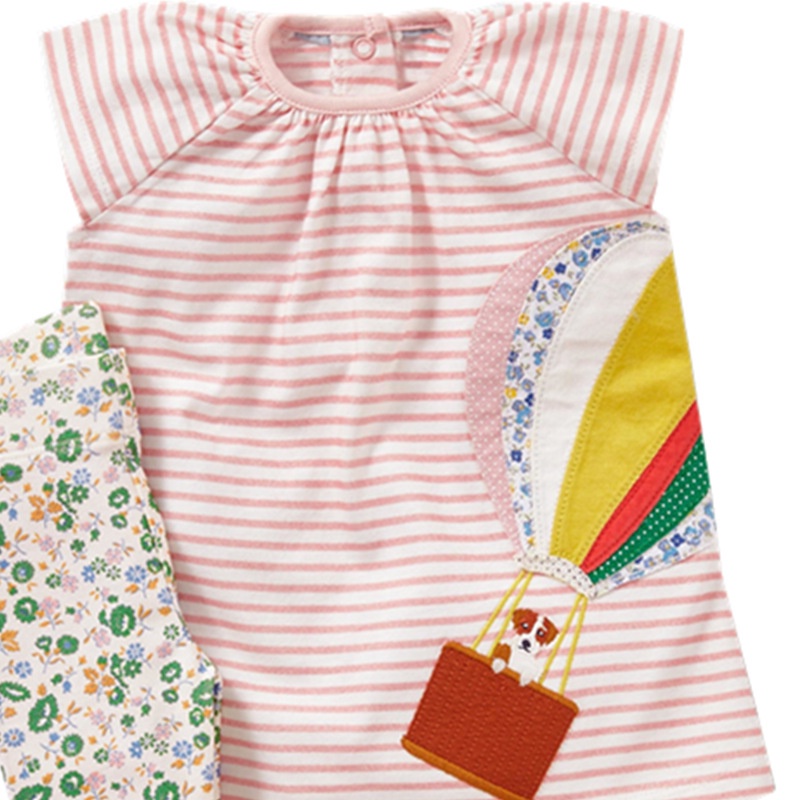 Mã 5095 áo cotton sọc hồng thêu đắp hình khinh khí cầu sắc màu của Jumping Meter cho bé gái