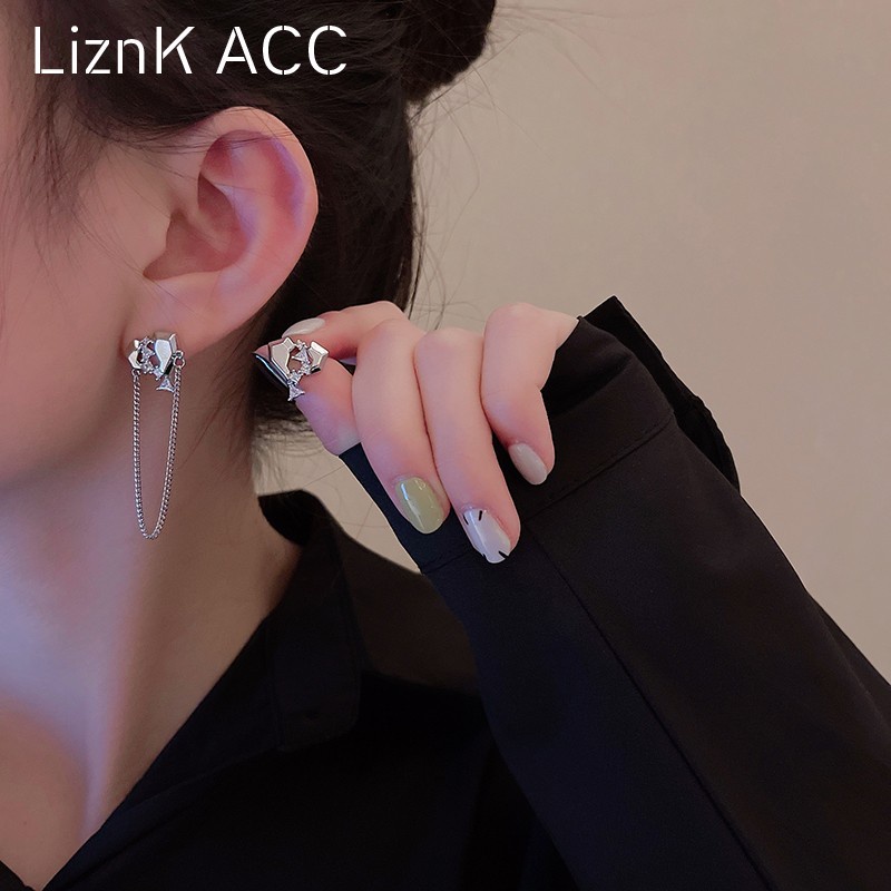 Khuyên Tai Thép Không Đối Xứng Đính Đá Zircon Phong Cách Hàn Quốc S925