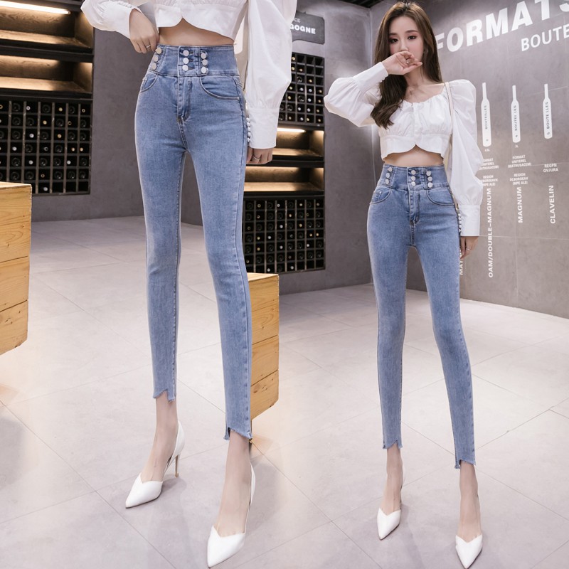 ✨Ready Stock✨Quần jean nữ màu xanh nhạt cạp cao siêu mỏng mùa xuân 2021 mới và bó sát chân thun dài