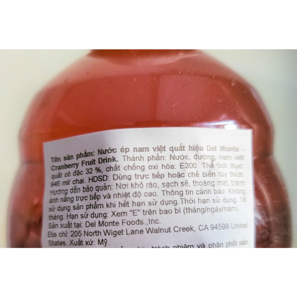[Chai 946ml] NƯỚC ÉP NAM VIỆT QUẤT [USA] DEL MONTE Cranberry Fruit Drink (als-hk)