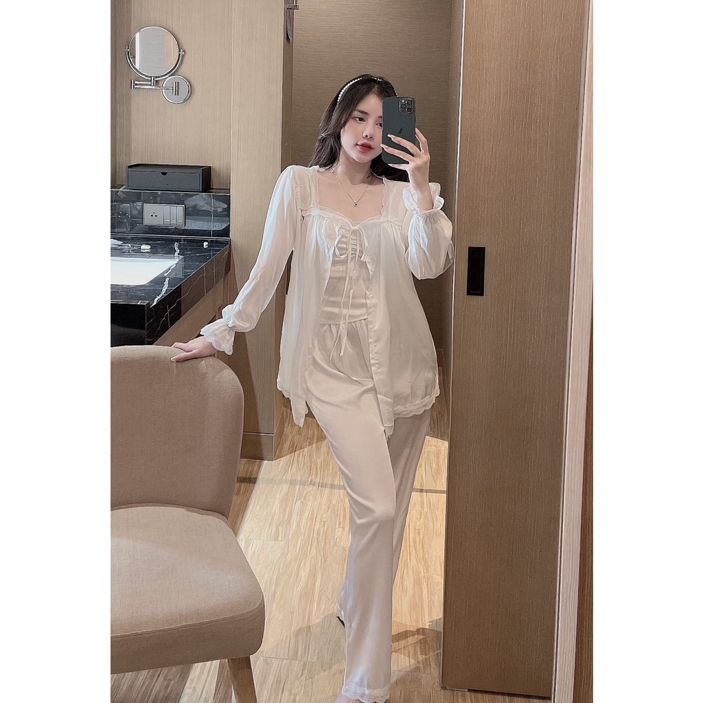 Set 3 mặc nhà 2 dây Sexy tay bo tiểu thư lụa latin Siêu Mát