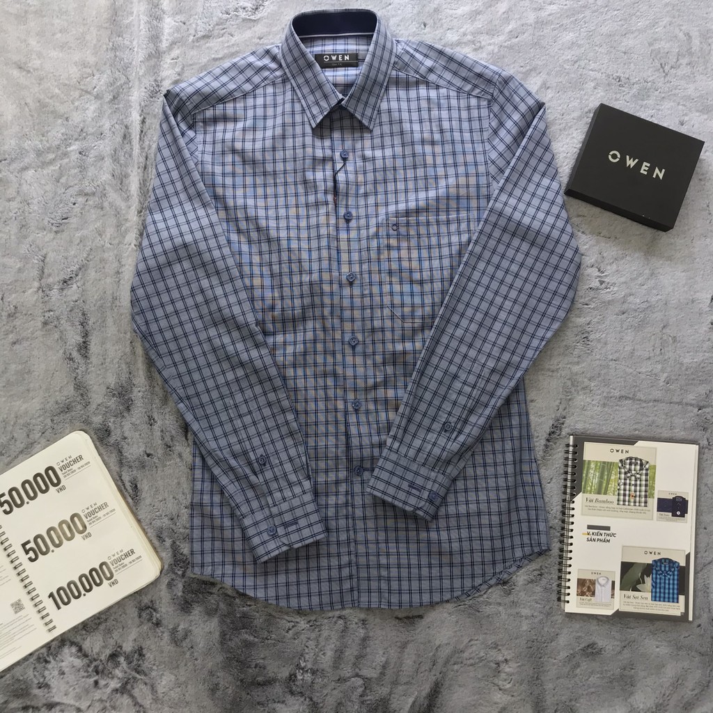 Áo Sơ Mi Dài Tay Owen - AS21012DT - Màu Kẻ Caro Nhỏ Xám Xanh Navy - Kiểu Dáng Slim Fit Lịch Lãm