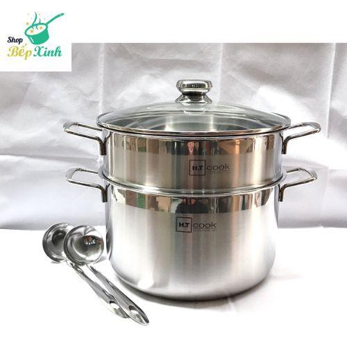 Bộ nồi xửng hấp 1 đáy HT COOK 28cm nắp kính.Tặng 2 cái vá canh inox