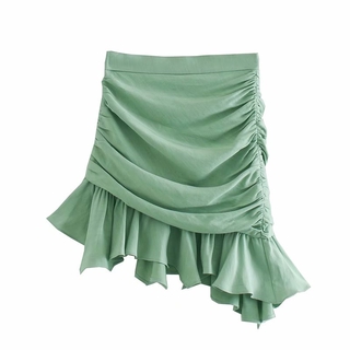 2020 European and American autumn new draped design mini skirt, high waist and thin irregular ruffle skirt