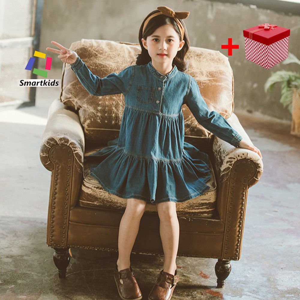 Váy cho bé gái - Váy jean Smartkids dáng xòe cổ tàu cao cấp TE2050