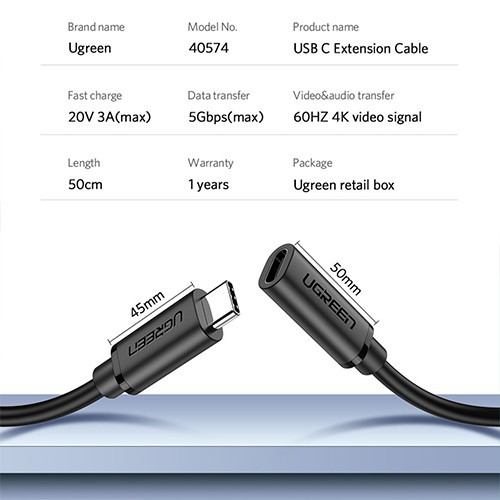 Dây USB Type C nối dài 0.5m Chính Hãng Ugreen 40574 US312 (USB C 3.1 4K@60Hz PD 60W 5A) | BigBuy360 - bigbuy360.vn