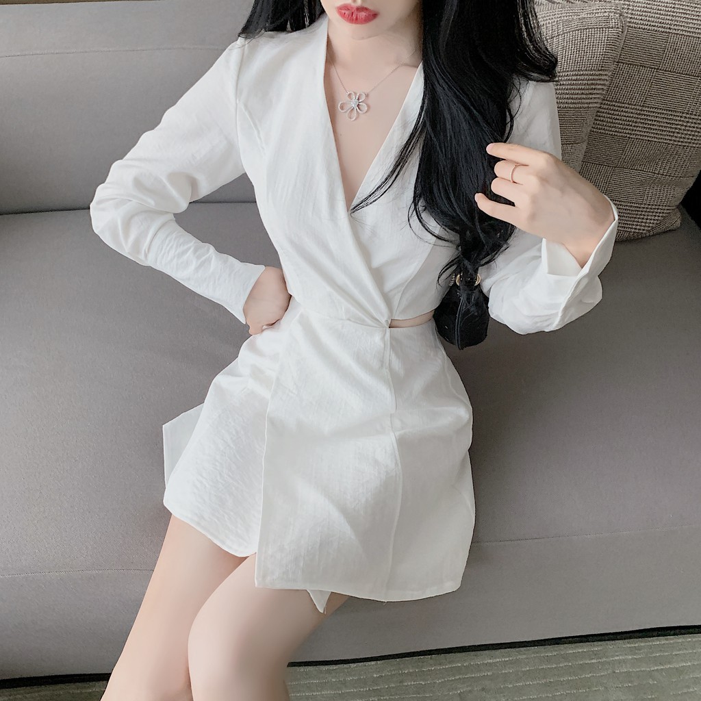 Đầm nữ dáng ôm sơ mi tay dài mini hở eo Emilyshop ulzzang