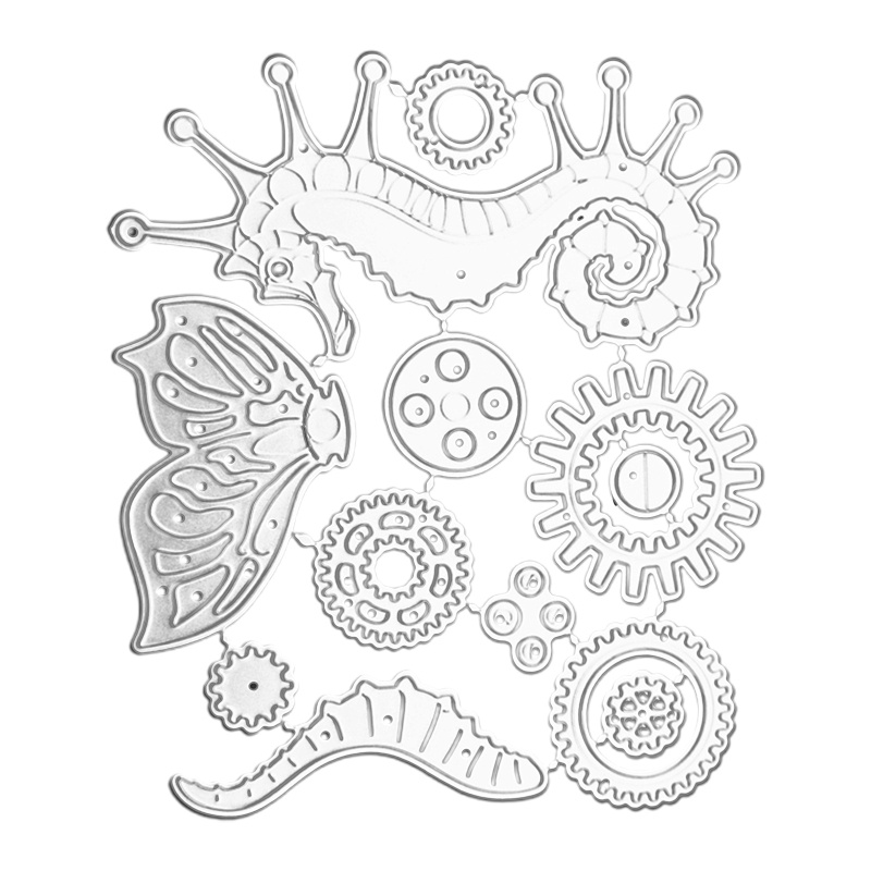 GREE Aoto Khuôn Cắt Giấy Kim Loại Hình Bánh Răng Cá Ngựa Bay Steampunk DIY Cho Album Ảnh Hy Lạp