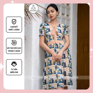 Đầm thiết kế ANA STORE LA12 voan Hàn họa tiết vuông