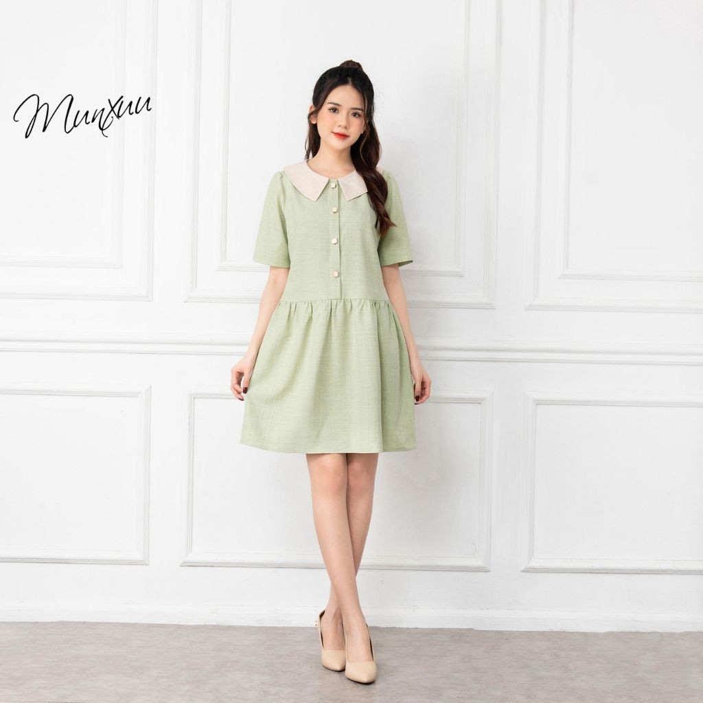 Váy babydoll tay ngắn MUNXUU đính cúc thiết kế màu trơn dáng dài xòe nhẹ nhàng thanh lịch - V05