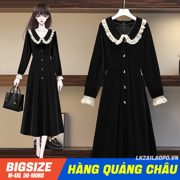 BIGSIZE nữ 45-100kg Váy Đầm dài qua gối Che Bụng Mỡ Ôm Eo đen cổ bèo tay dài mùa thu Phong cách Pháp xinh đẹp quảng châu cao cấp