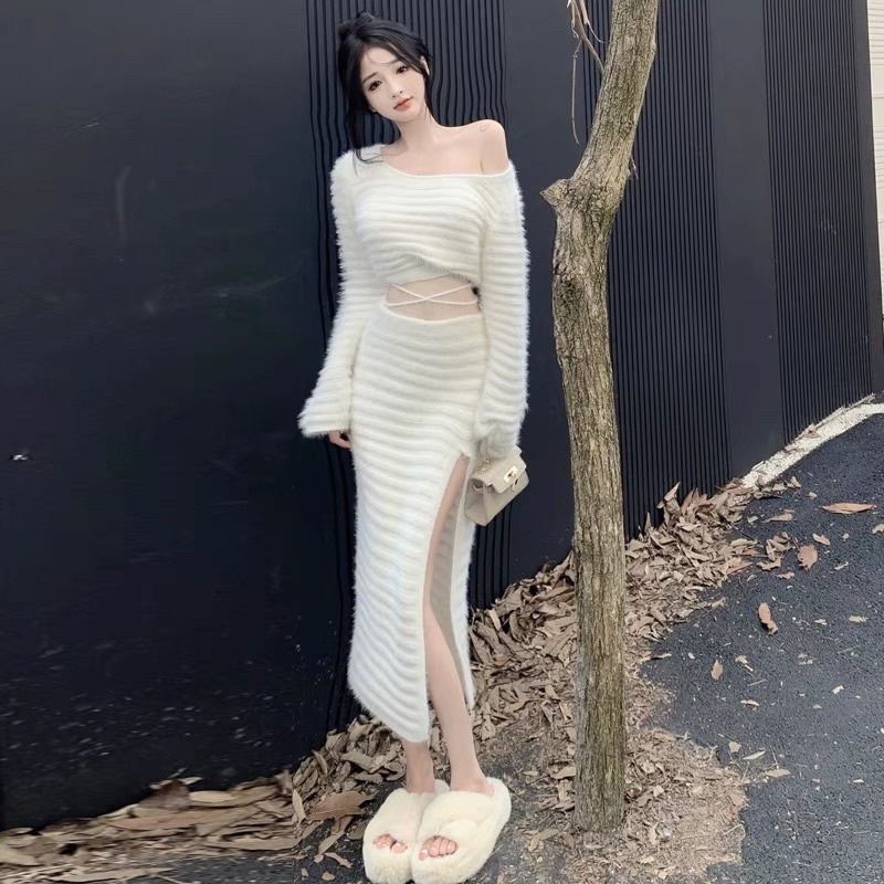 Set len lông thỏ áo croptop thắt dây eo chân váy body dài xẻ đùi