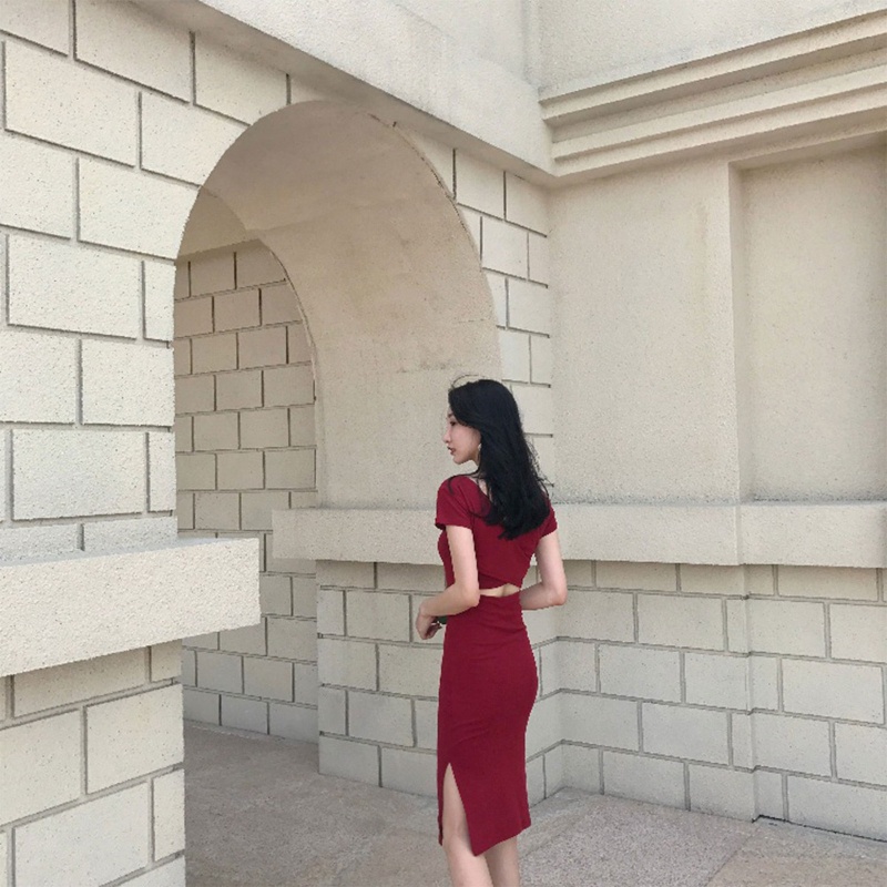 Brroa Đầm Midi Tay Ngắn Cổ Thuyền Dáng Bút Chì Hở Lưng Chéo Màu Trơn Xẻ Tà Bên Hông Gợi Cảm Cho Bạn Gái