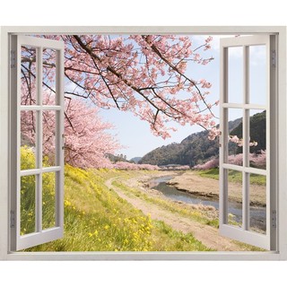 Tranh dán tường cửa sổ 3D VTC cảnh đẹp hoa đào VT0216 kim sa